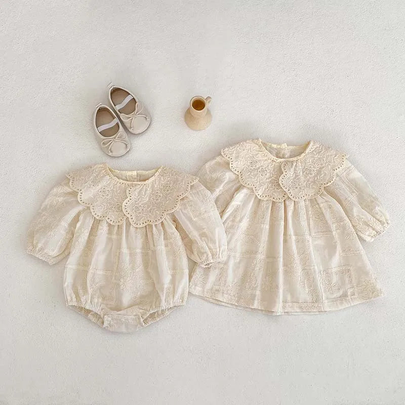 Spring Baby Bodysuit Sisters Dress Flower Embroidery Dress For Infant Girls Toddler Outfit