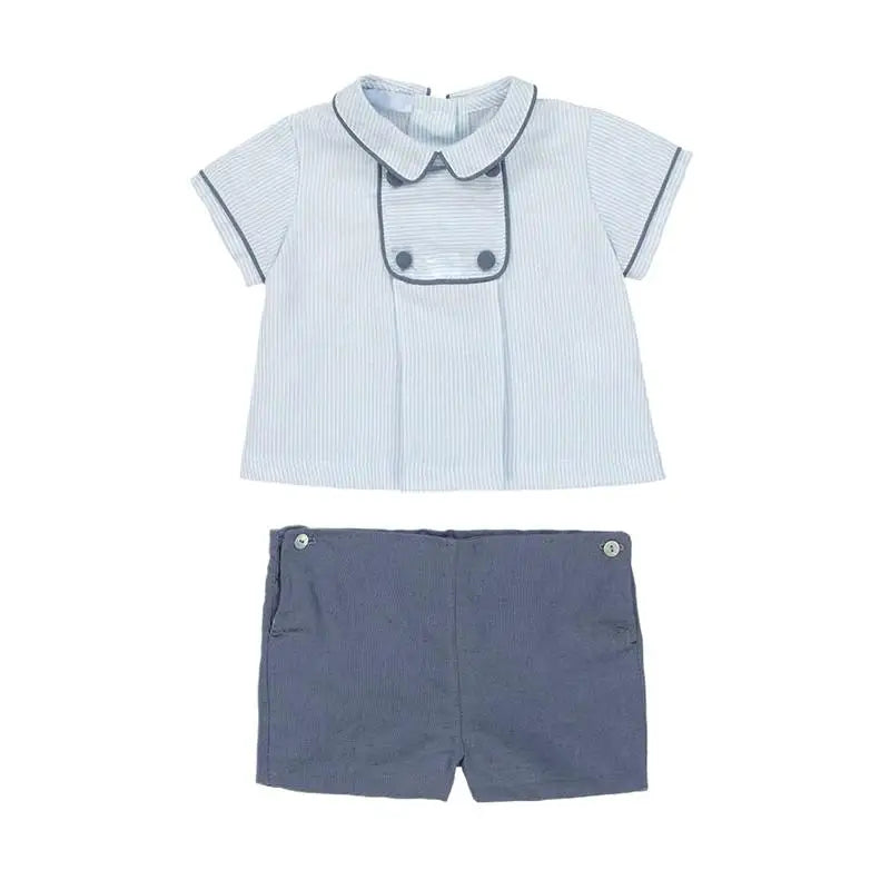 Precioso conjunto de dos piezas de verano para bebés niños, camisa con cuello vuelto con ribetes, tela a rayas, pantalones cortos para niños pequeños, algodón de alta calidad