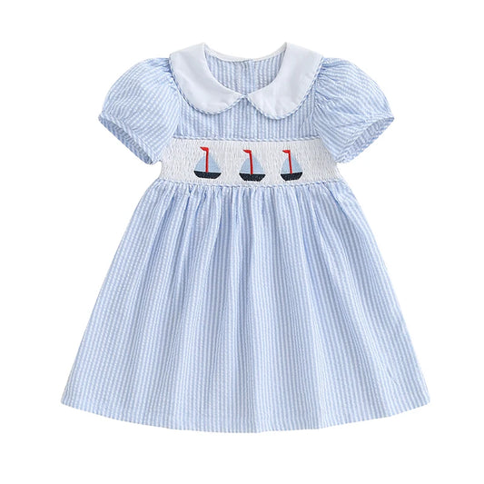 1-7T traje de velero para niña pequeña, vestidos ahumados, vestido con cuello de muñeca, ropa bonita de verano para niñas pequeñas