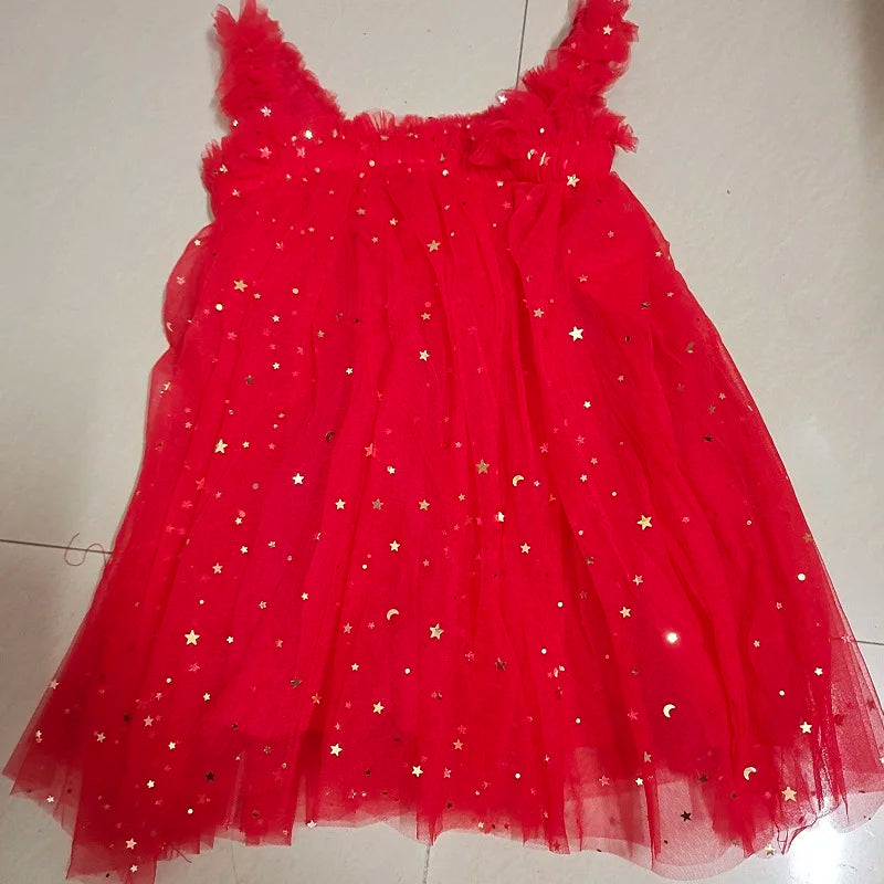 Lindo vestido de princesa de tul para niñas de Navidad, vestido de lentejuelas con estrellas para niñas pequeñas