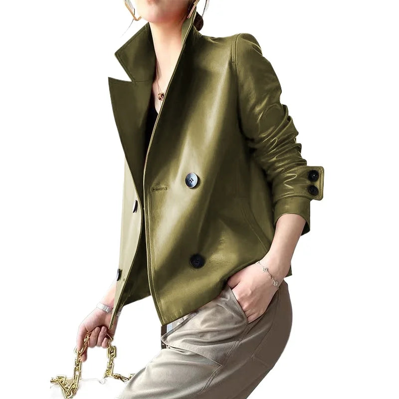Modigirl Autumn Winter Green Faux Læder Jakker Kvinder 2024 Ny Langærmet Outwear Kort PU Læder Frakker Kvinde Outwear