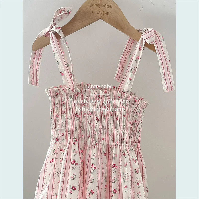 Conjuntos de hermanas, vestidos o bombachos de tirantes con lazo para bebés y niñas para verano, de lindo algodón con estampado de flores y rayas