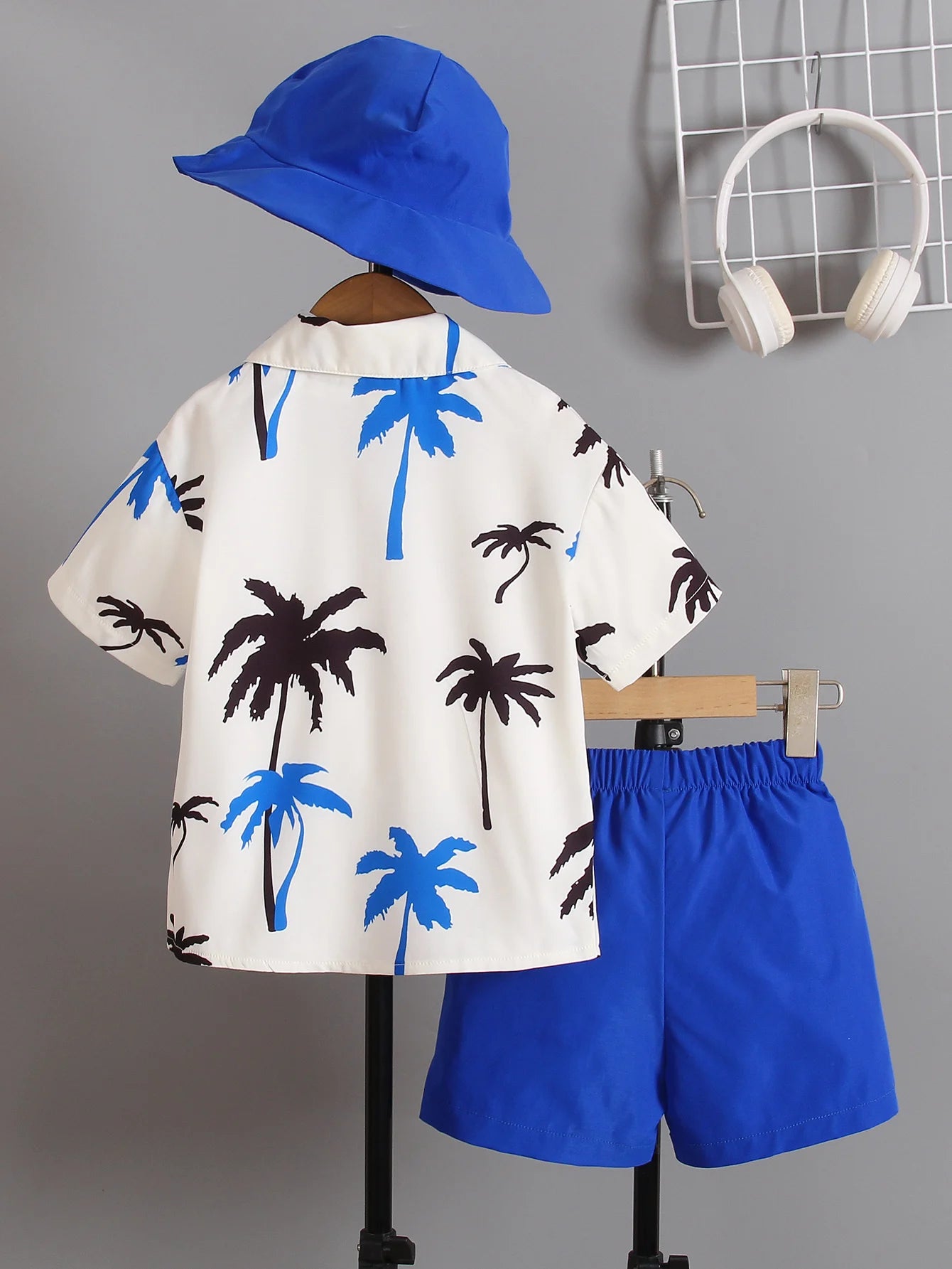 Camisa de manga corta con estampado de palmera, para vacaciones, conjunto de verano de tres piezas para niños y niñas