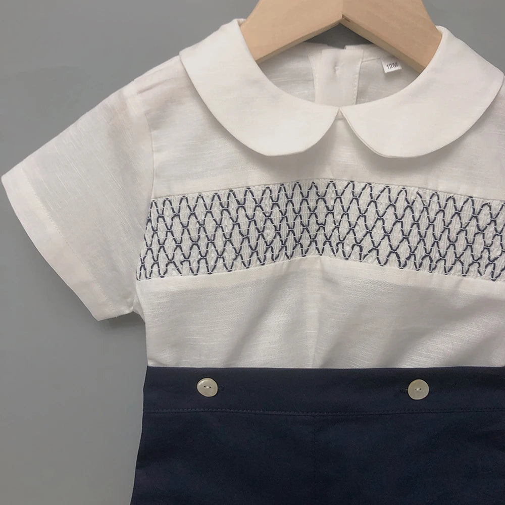 Conjunto de 2 piezas de ropa de boutique para niño, conjunto de moda española de algodón y lino, traje de verano de manga corta, traje de bebé para fiesta