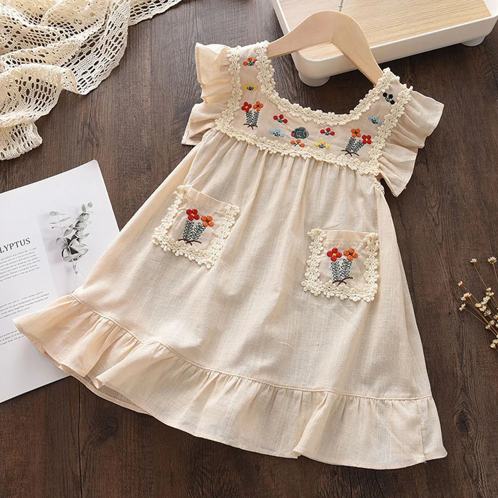 Vestido Boho de verano con bordado de flores para niñas, estilo retro, con mangas volantes, de princesa, ropa informal para niñas de 2 a 6 años