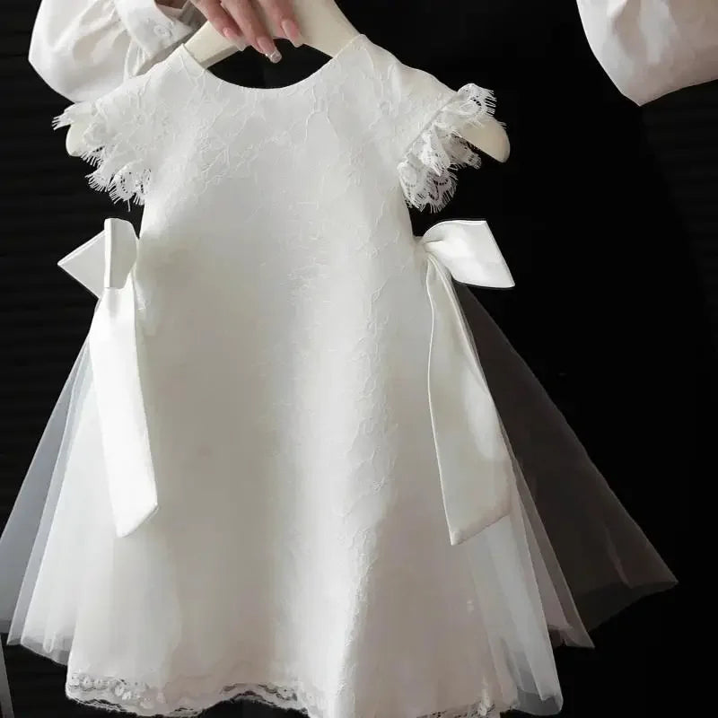 Vestido de princesa para niña, Vestido blanco de bautismo con lazo, mangas de encaje, ropa para fiesta, vestido de boda para bebé y niña