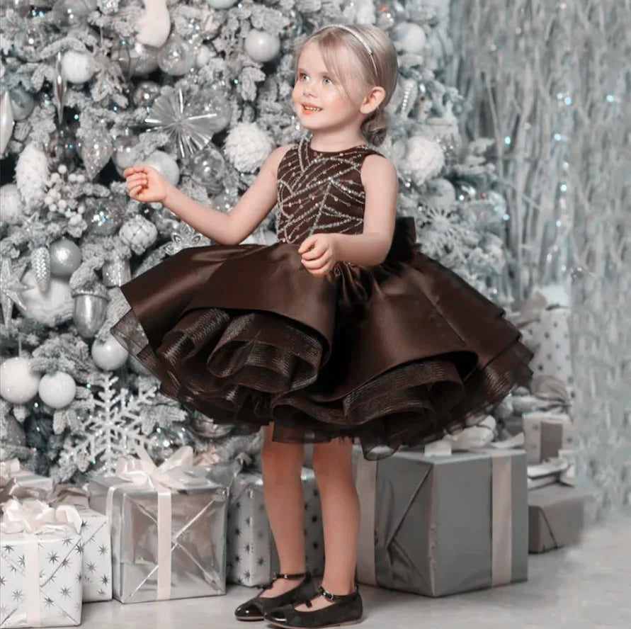 Vestido de fiesta para niña, de satén marrón, tul con lentejuelas abullonado y lazo, sin mangas vestido de boda para niña, vestido de fiesta para bebé niña, vestido de princesa