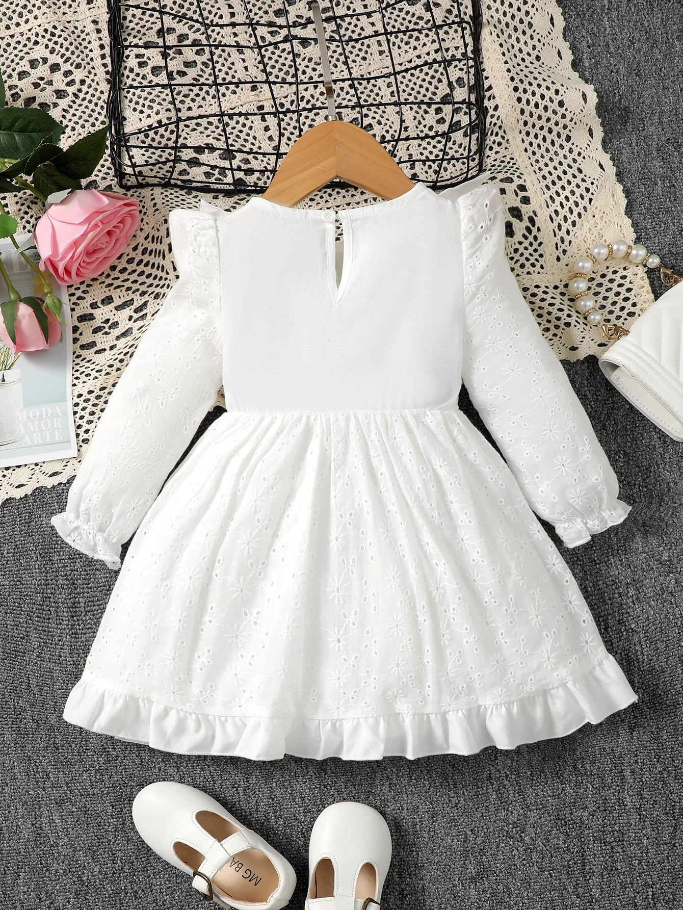 Vestido blanco de broderie con volantes y lazo de para bebé y niña, , vestido de princesa de primavera y otoño, vestido de Bautizo para bebé y niña.