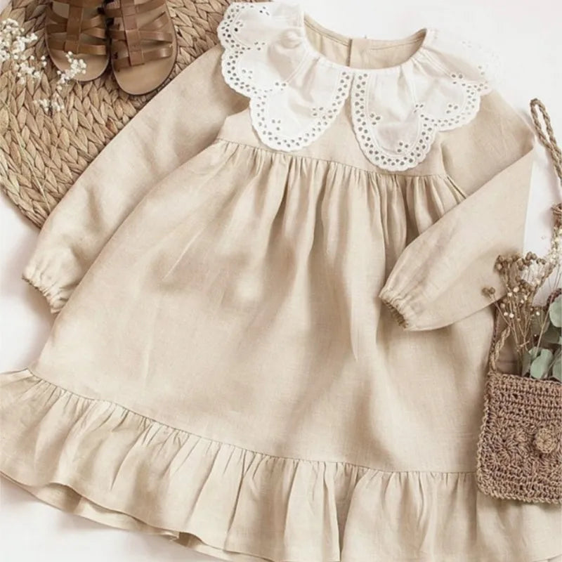 Vestido de lino y algodón para niña, vestido de manga larga de fiesta de cumpleaños moda española para niña
