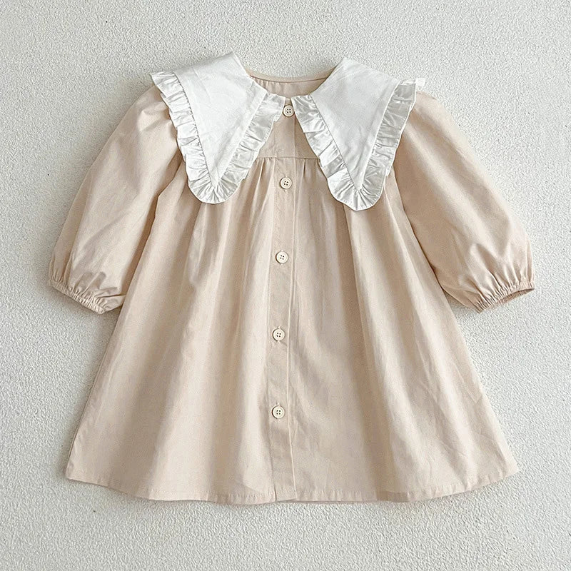 Vestido de hermoso colorido champagne con cuello blanco de muñeca,  manga larga para niñas, para primavera y otoño,