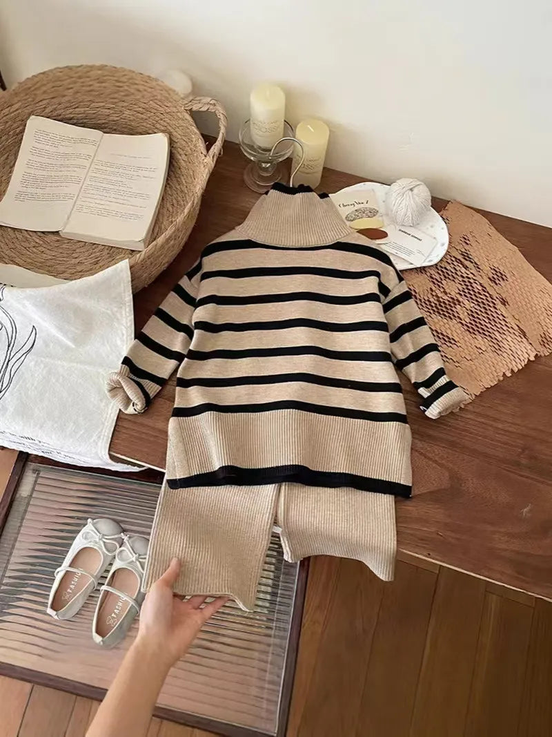 Conjunto de suéter de cuello alto y pantalón para niña, otoño invierno, suéter de punto y pantalones de pierna ancha