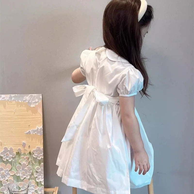 Vestido blanco de verano para niñas estilo español bordado punto smock hecho a mano, con bombacho a juego, para cumpleaños, fiesta y bautizo