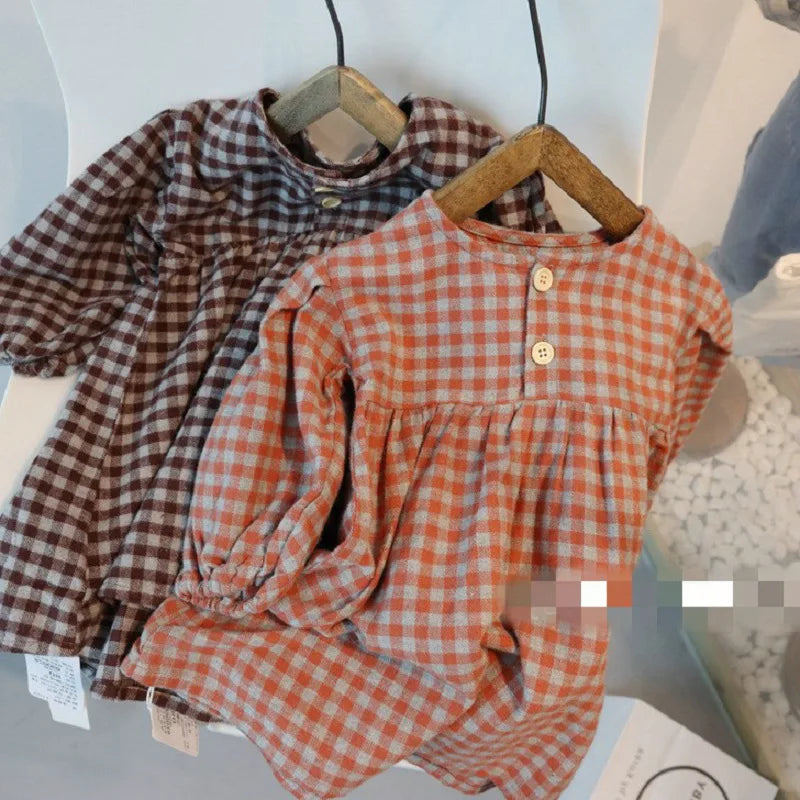 Vestido a cuadros de manga larga para niñas para Primavera y verano 2023 Nuevo vestido casual sencillo de moda