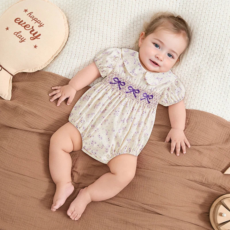 Peleles bordados con lazo para niñas de 0 a 18M, monos de burbujas de manga corta con cuello de muñeca con estampado Floral encantador para recién nacidos