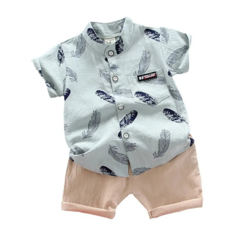 Conjunto de verano para bebés, camisa estampada de plumas para niños, pantalones cortos, 2 piezas/set, ropa informal de algodón para niños