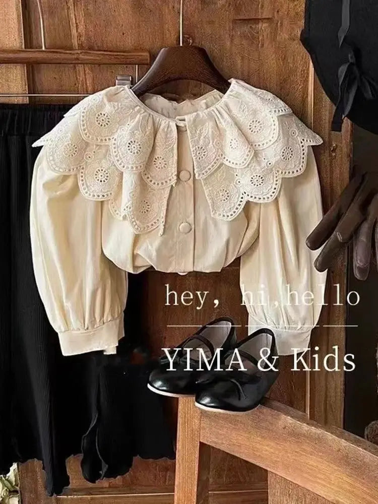 Hermosa blusa de  manga larga con cuello de brodery en volantes para niña, ropa de primavera y otoño retro, moda boutique