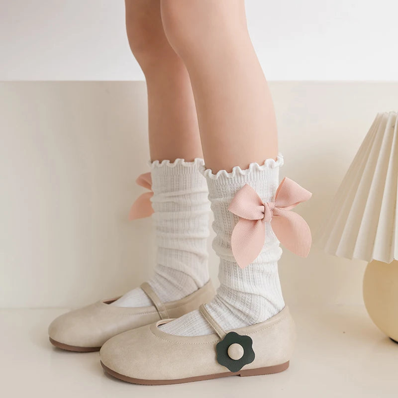 Medias de algodón suave con borde con volantes para niñas y estudiantes, medias kawaii calcetines largos de Lolita con lazo