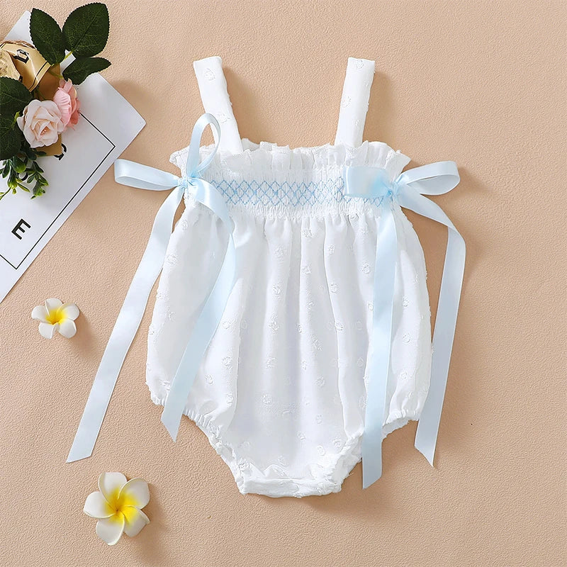 Babypiges sommerbukser, satinsløjfe blomster Jacquard ærmeløse stropper
