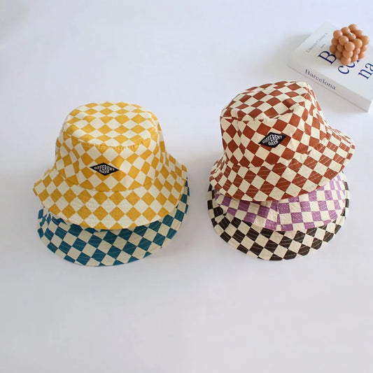 Precioso sombrero de cubo patrón de arlequín para niños, sombrero a cuadros para el sol para bebés y niñas