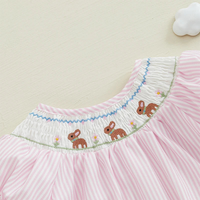Newborn Baby Bunny Romper Puff Sleeve Smoky Striped Bubble Jumpsuit My First Easter Outfit Sommertøj