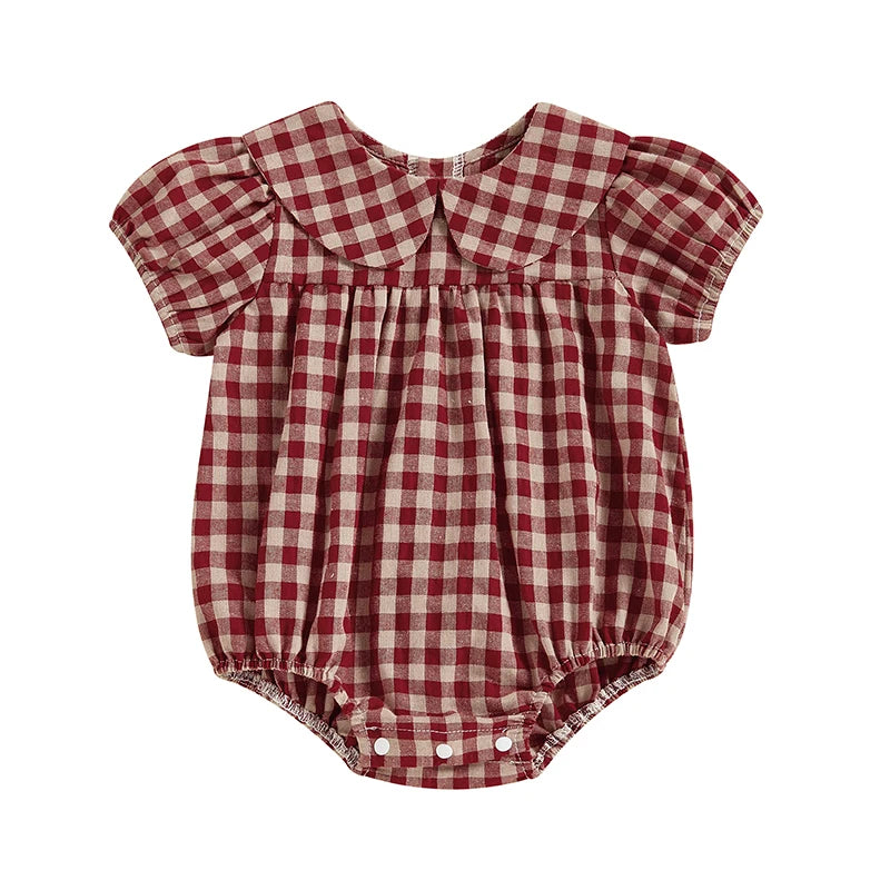 Monos de moda de verano para niñas de 0 a 18 meses, pelele con botones a cuadros y cuello de muñeca de manga corta para bebés y niñas