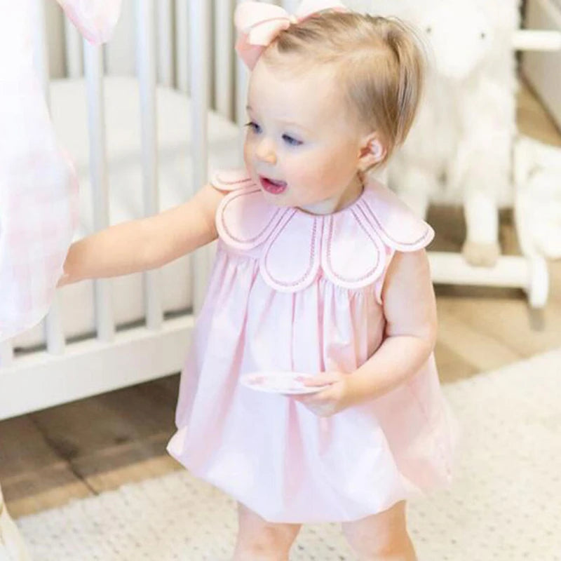 Vestido fruncido estilo real para niñas, bonito vestido con cuello de muñeca, Bombacho para bebé niña, cuello bordado, ropa para hermanas