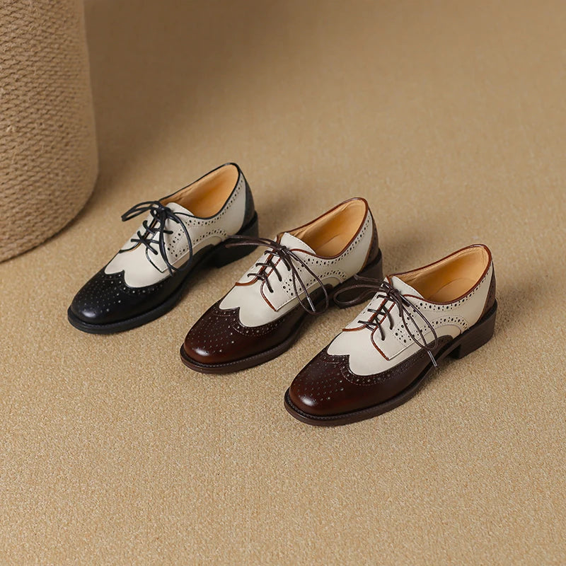 2024 Women Genuine Leather Oxford Shoes Round Toe Black White Lady Lace Up Brogues Loafers Casual Shoes for Women Leather Shoes