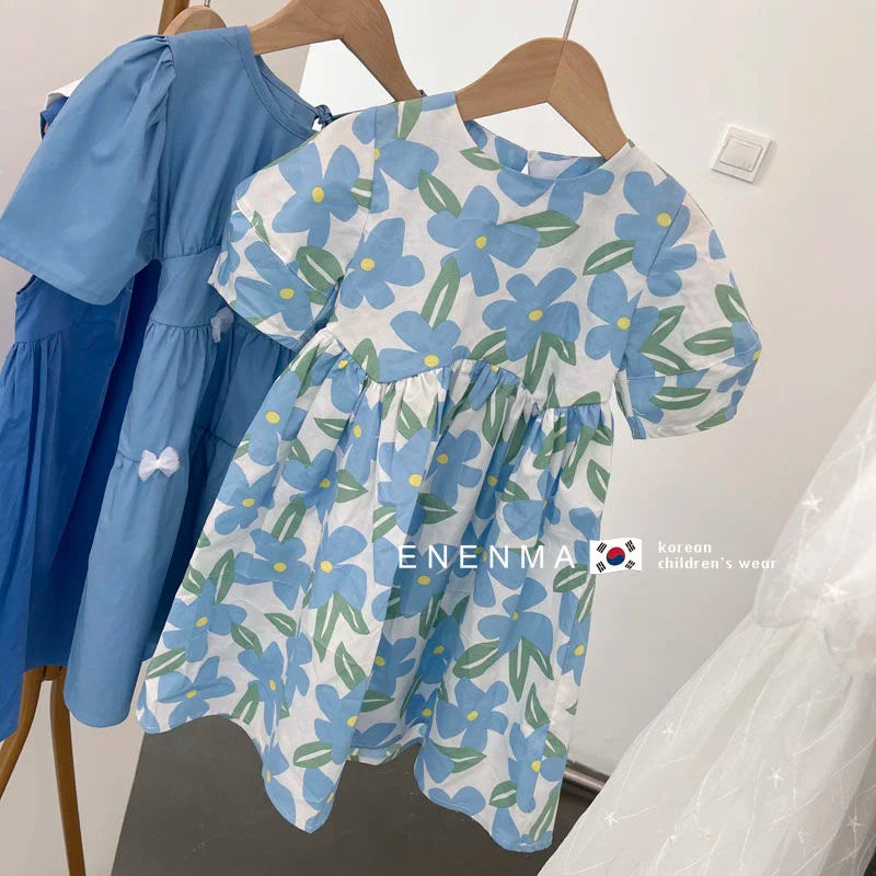 Ropa de verano Lolita azul con estampado floral para niñas, vestido casual para niñas, para fiesta de adolescentes