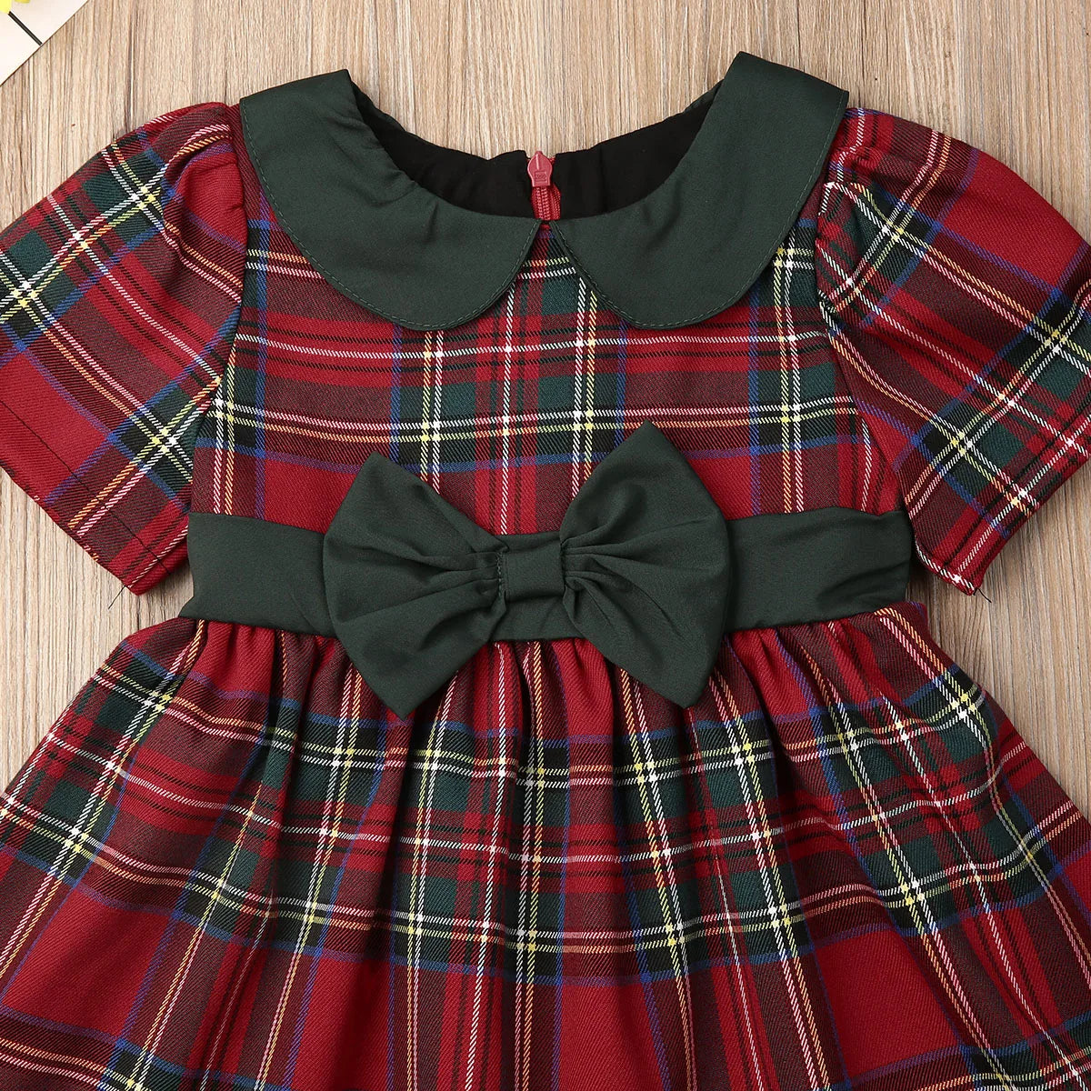 Lindo vestido navideño para niñas, vestidos de fiesta a cuadros escocés con doble lazo para niñas pequeñas, princesas, mangas cortas