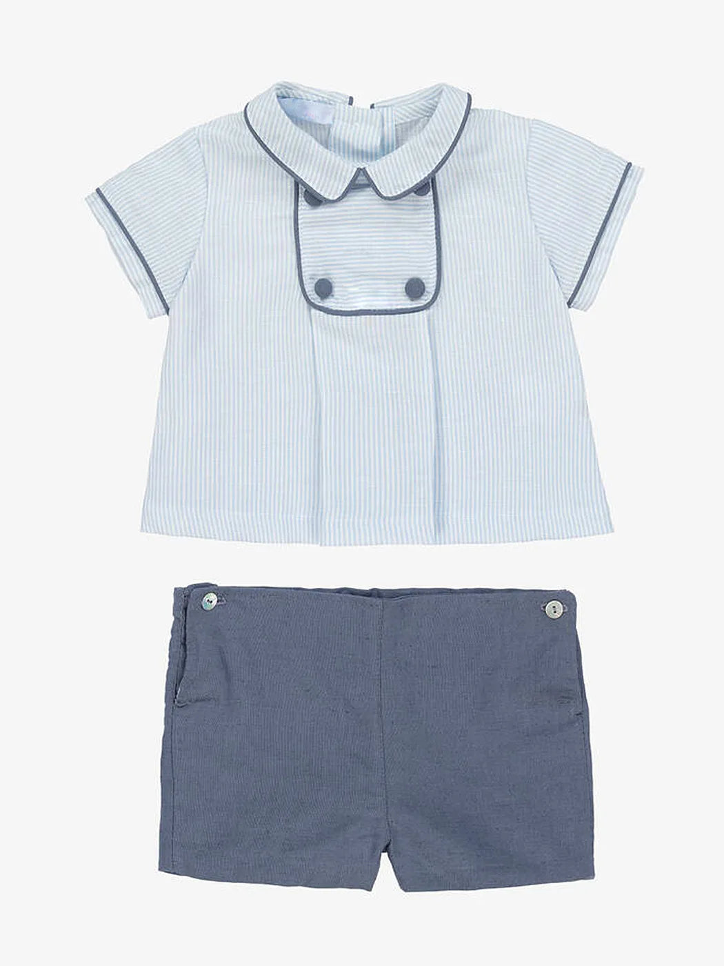 Precioso conjunto de dos piezas de verano para bebés niños, camisa con cuello vuelto con ribetes, tela a rayas, pantalones cortos para niños pequeños, algodón de alta calidad