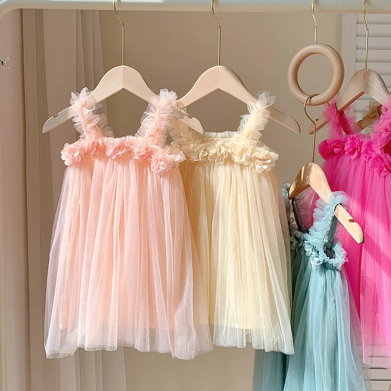 Summer Mesh Tulle Princess Slip Tutu Dresses 3D Flower Mermaid Birthday Dress for Baby Girl Clothes Sleeveless Girl Clothes