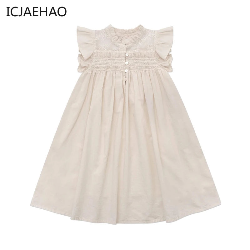 Vestido de algodón bordado a mano con mangas volantes para niñas y pre adolescentes, suave color beige especial para fiestas