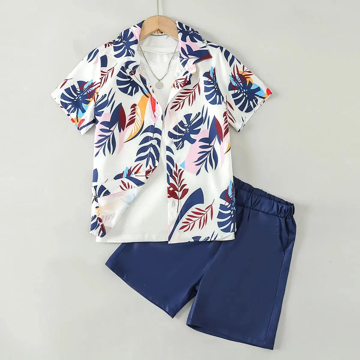 Conjunto de camisa de manga corta con estampado de hojas de palma y short, para verano para niños y adolescentes