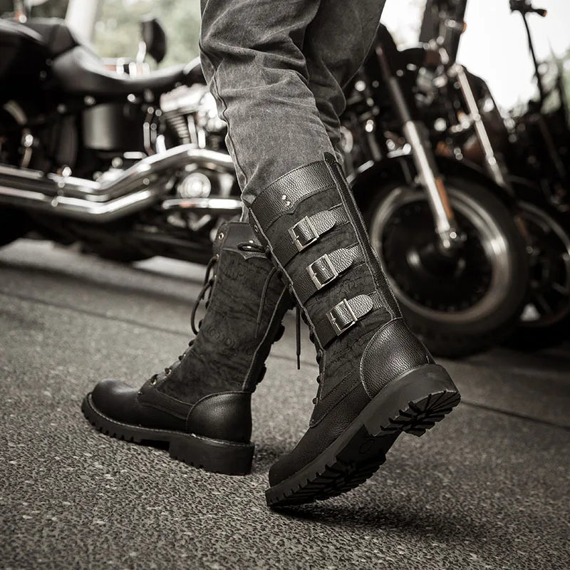 Botas de vaquero para hombre, botas de caña alta con elevación interior, botas altas transpirables, talla grande, botas de motocicleta