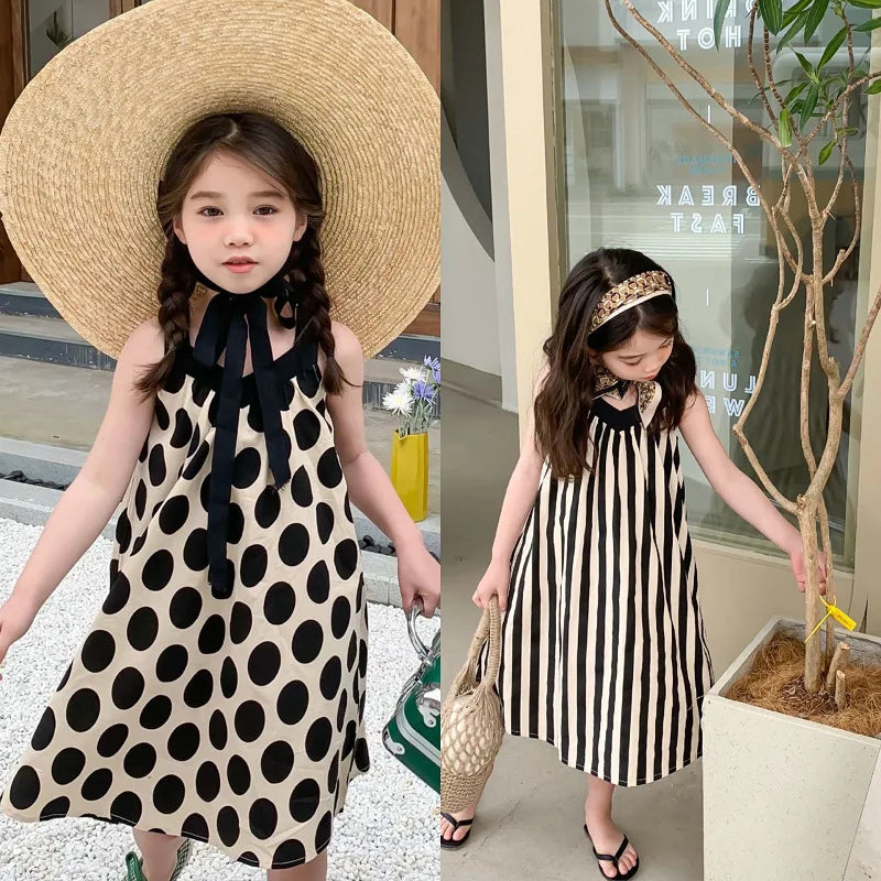 Vestido de verano para niñas, vestido de lunares o rayas con cuello en V, sin mangas, negro con crudo, hermoso y colorido muy fashion para niñas