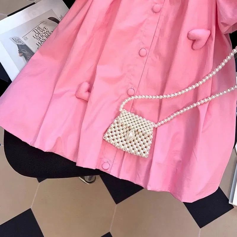 Vestido de verano para niñas de 2 a 10 años, bonito, con decoración de corazón y cuello abatible, vestido con hermosas mangas abullonadas para niña