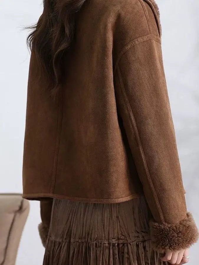 Dobbeltsidet lammeskinds læderjakke til kvinder, moderigtig vinterfrakke, elegant stil til arbejdet, slim fit...