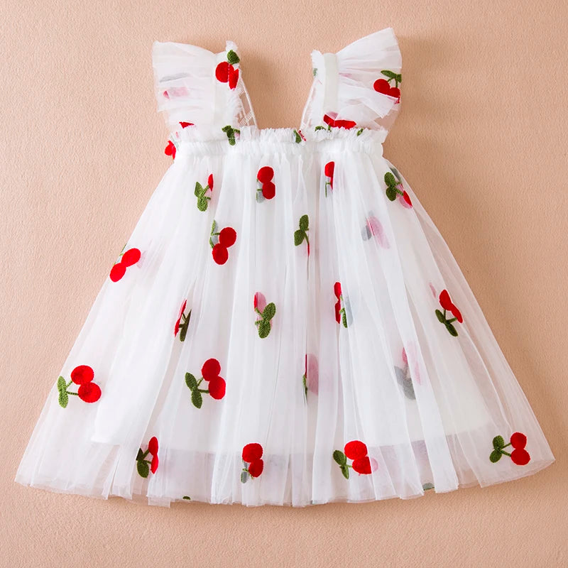 Summer New Girls' Little Flying Sleeve Dress Children's Bow Strawberry Embroidery Mesh Princess Dress Baby Girl Dress for 1-5Yrs