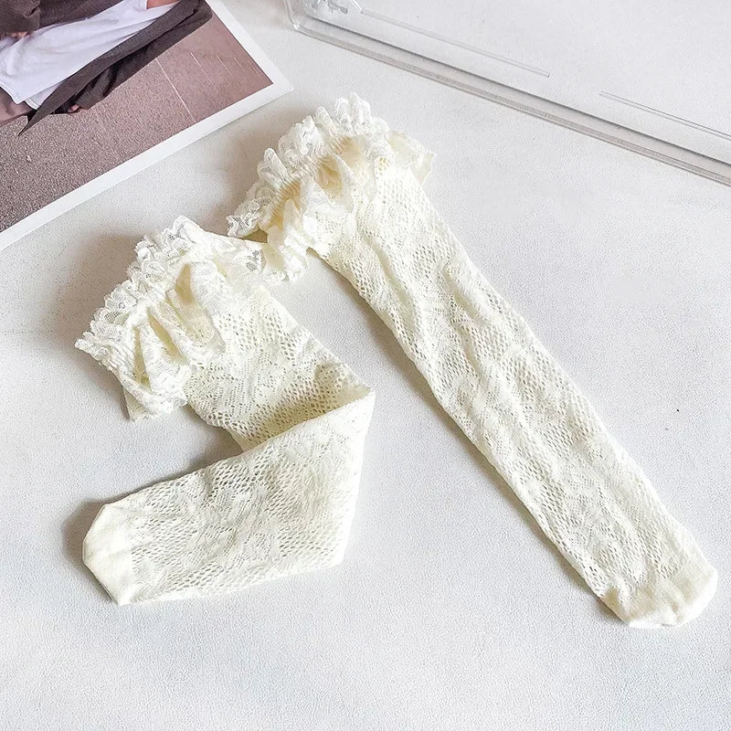 Medias con volantes de malla de encaje fino de verano, calcetines largos hasta la rodilla, blancos y negros ,con volantes para niñas y chicas adolescentes