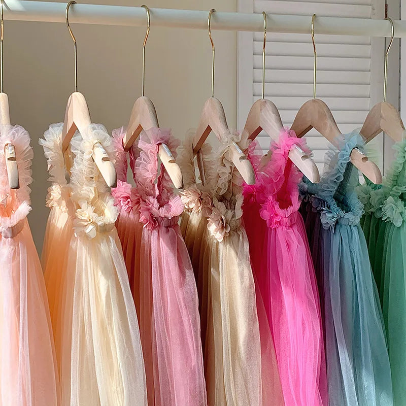 Summer Mesh Tulle Princess Slip Tutu Dresses 3D Flower Mermaid Birthday Dress for Baby Girl Clothes Sleeveless Girl Clothes