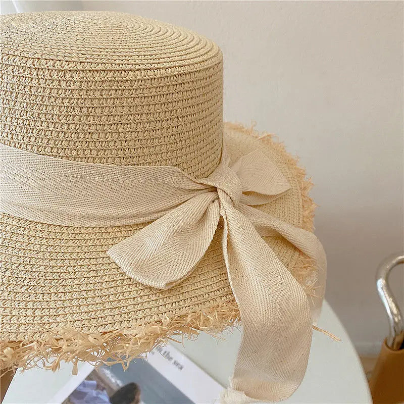 Beach HatJapanese Everything Hairy Edge Straw Hat Female Summer Flat Top Outing Sun Hat Small Fresh Bow Sun Shade Beach Hat