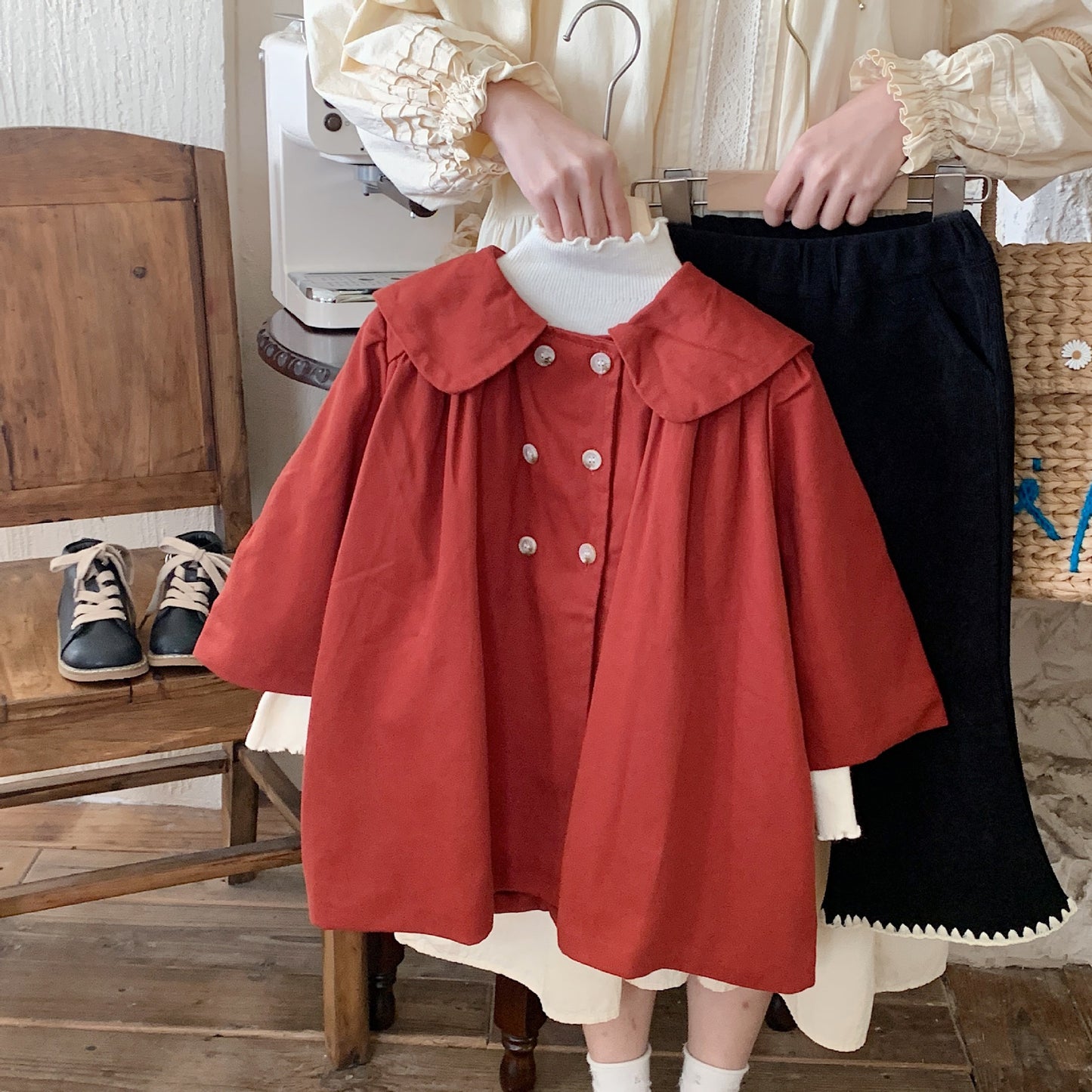 Vintage styela autumn baby girls trench red double breasted peter pan collar coats toddler cardigans kids outwear