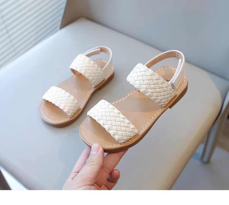 Kids Sandals for Girls 2024 Summer Girls Weave Design Sandals Children Beach Shoes Open Toes Flat Anti-skid Rubber Ankle Strap