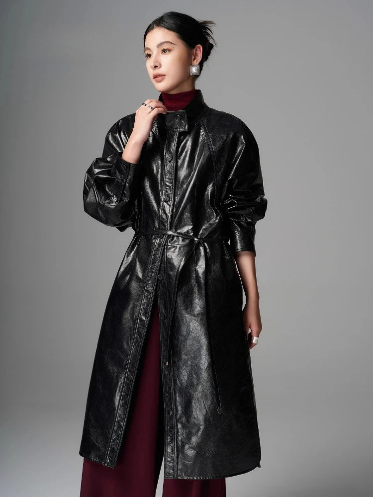 Trench de cuero de oveja genuino para mujer, con cinturón y cuello levantado de alta gama, manga de murciélago