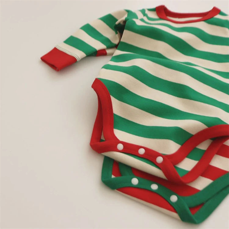 Pure Cotton Baby Pajamas Sets Red Green Striped Infant Boy Girl Pyjamas Romper Pants 2pcs Sets Long Johns For Christmas New Year