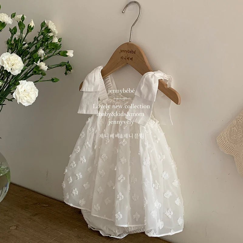 Adorable vestido de princesa con volantes y tirantes en capas, con bordado de flores blancas, para niña pequeña en alta calidad