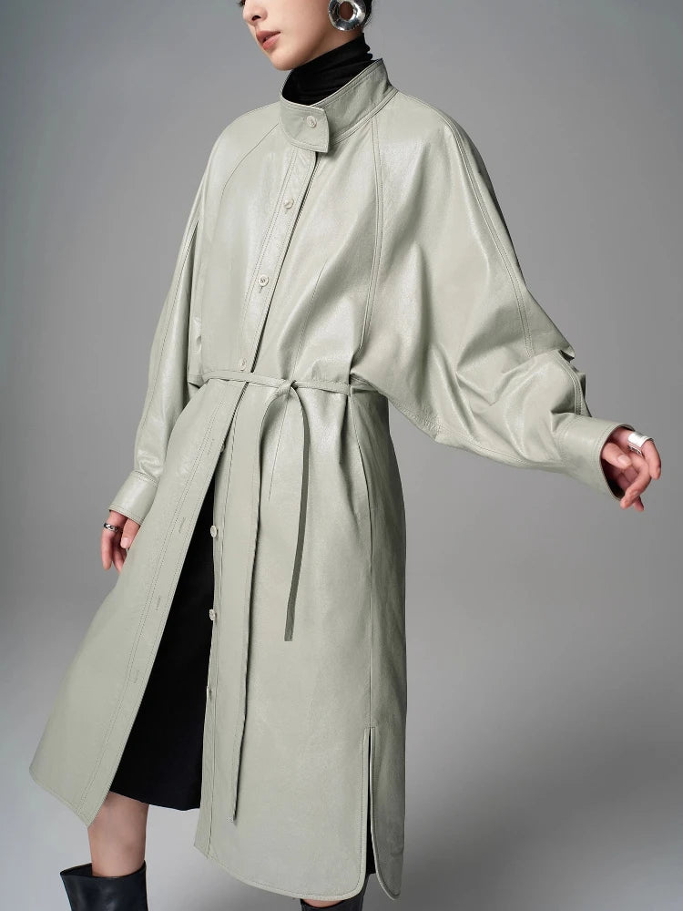 Trench de cuero de oveja genuino para mujer, con cinturón y cuello levantado de alta gama, manga de murciélago