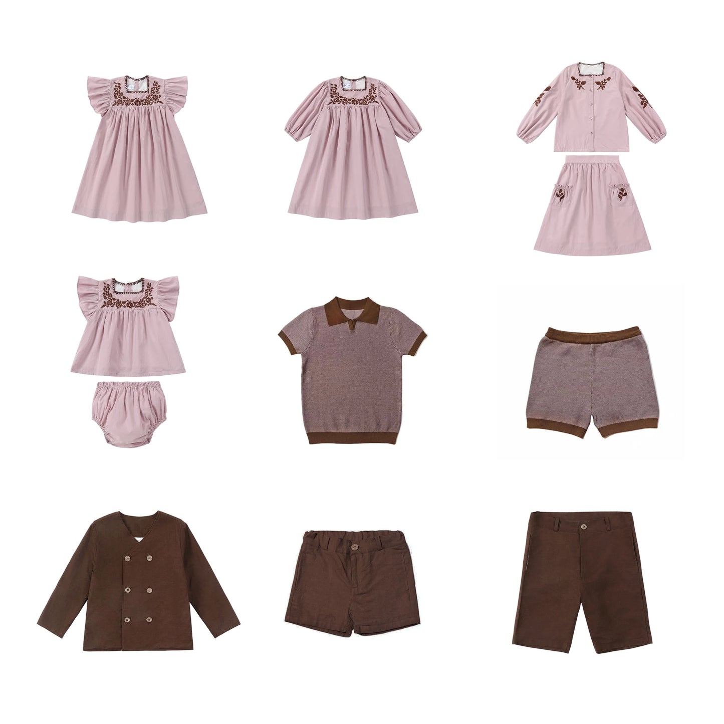 Colección Rosa Chocolate Primavera Verano para niños y adolescentes, hermanos, Vestidos Bordados, Conjunto Familiar de Ropa a Juego, Camisa Pantalones Cortos