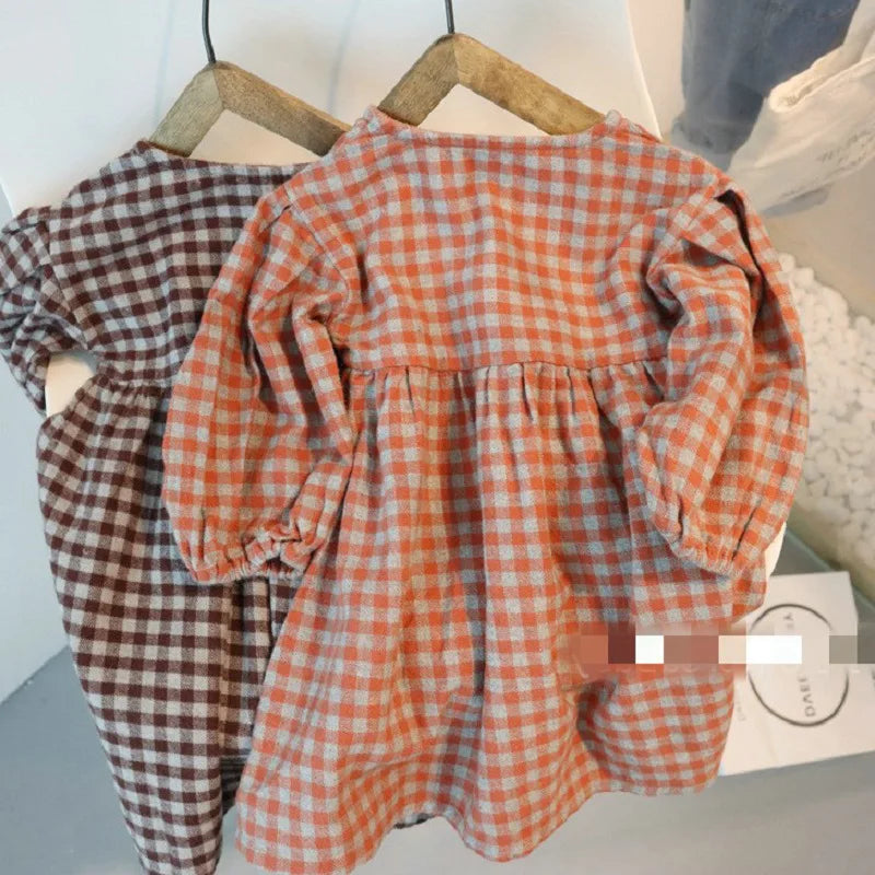 Vestido a cuadros de manga larga para niñas para Primavera y verano 2023 Nuevo vestido casual sencillo de moda