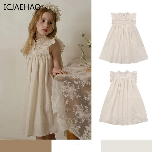 Vestido de algodón bordado a mano con mangas volantes para niñas y pre adolescentes, suave color beige especial para fiestas